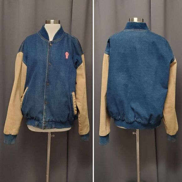 Vintage Kenworth Truck Two Tone Denim Railroad Striped Liner Varsity Bomber Coat - Picture 9 of 9